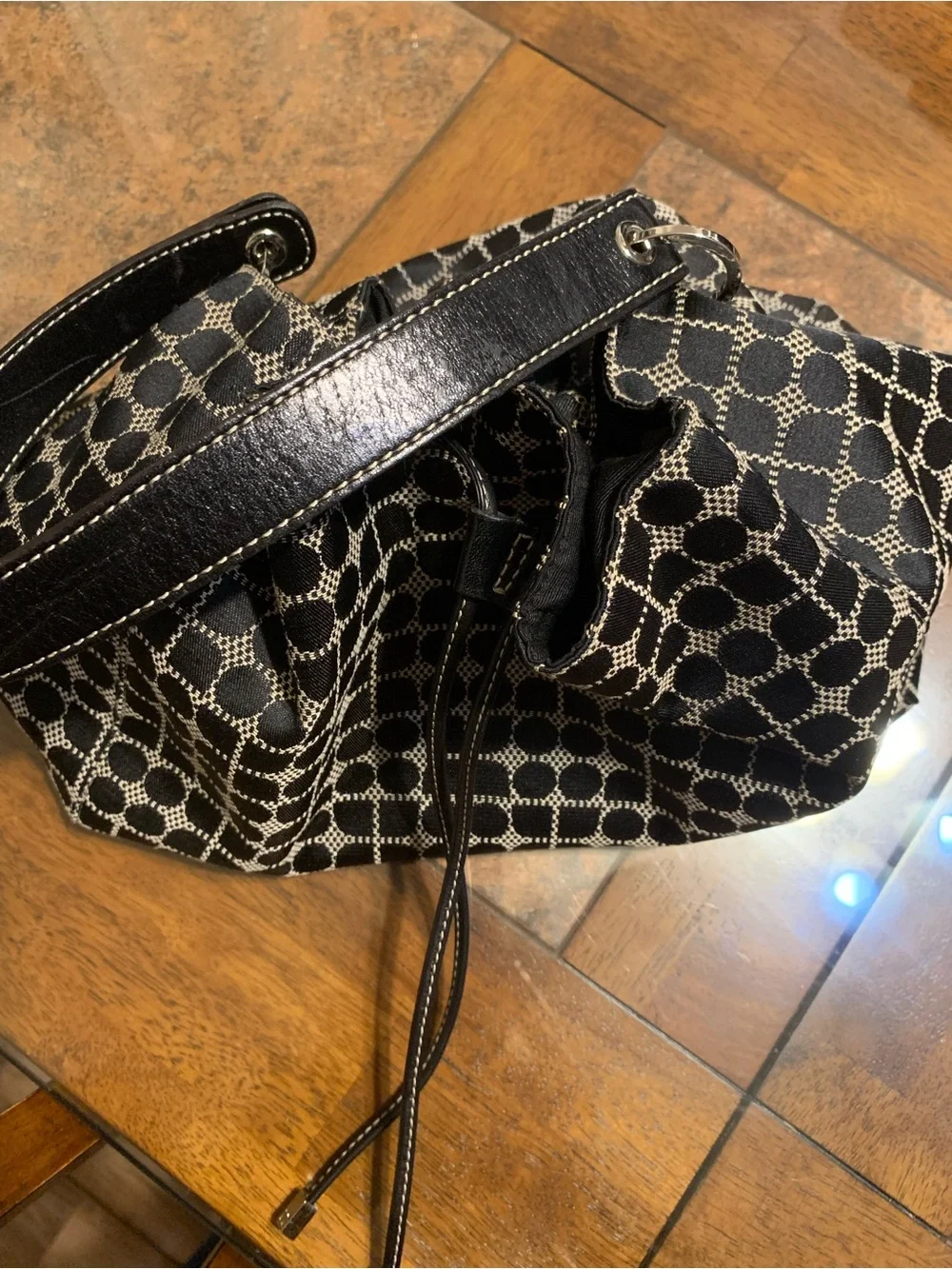 kate spade New York Black & Cream Jacquard Drawstring Bucket Hobo Bag